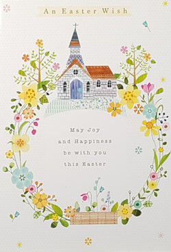 Easter Card - Traditional / A Yellow Floral Wreath & A Church