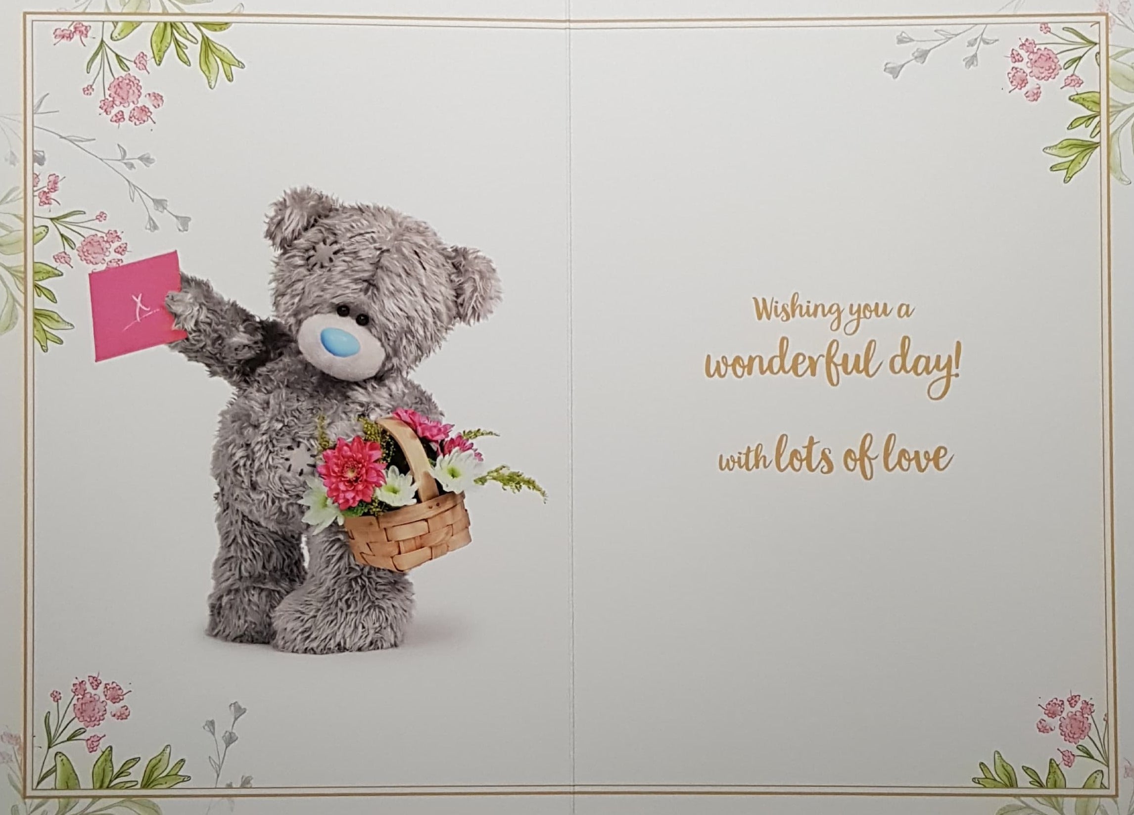 Birthday Card - Mum / Teddy Holding Out A Pink Envelope & A Flower Basket (3D Card)