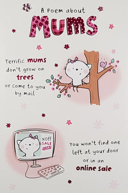 Mum Mothers Day Card - Poem About Mum & White Kitten