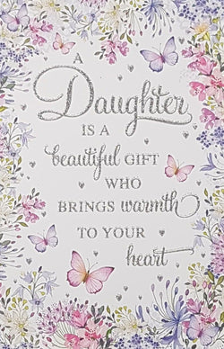 Birthday Card - Daughter / Pink Butterflies & A Purple Floral Border