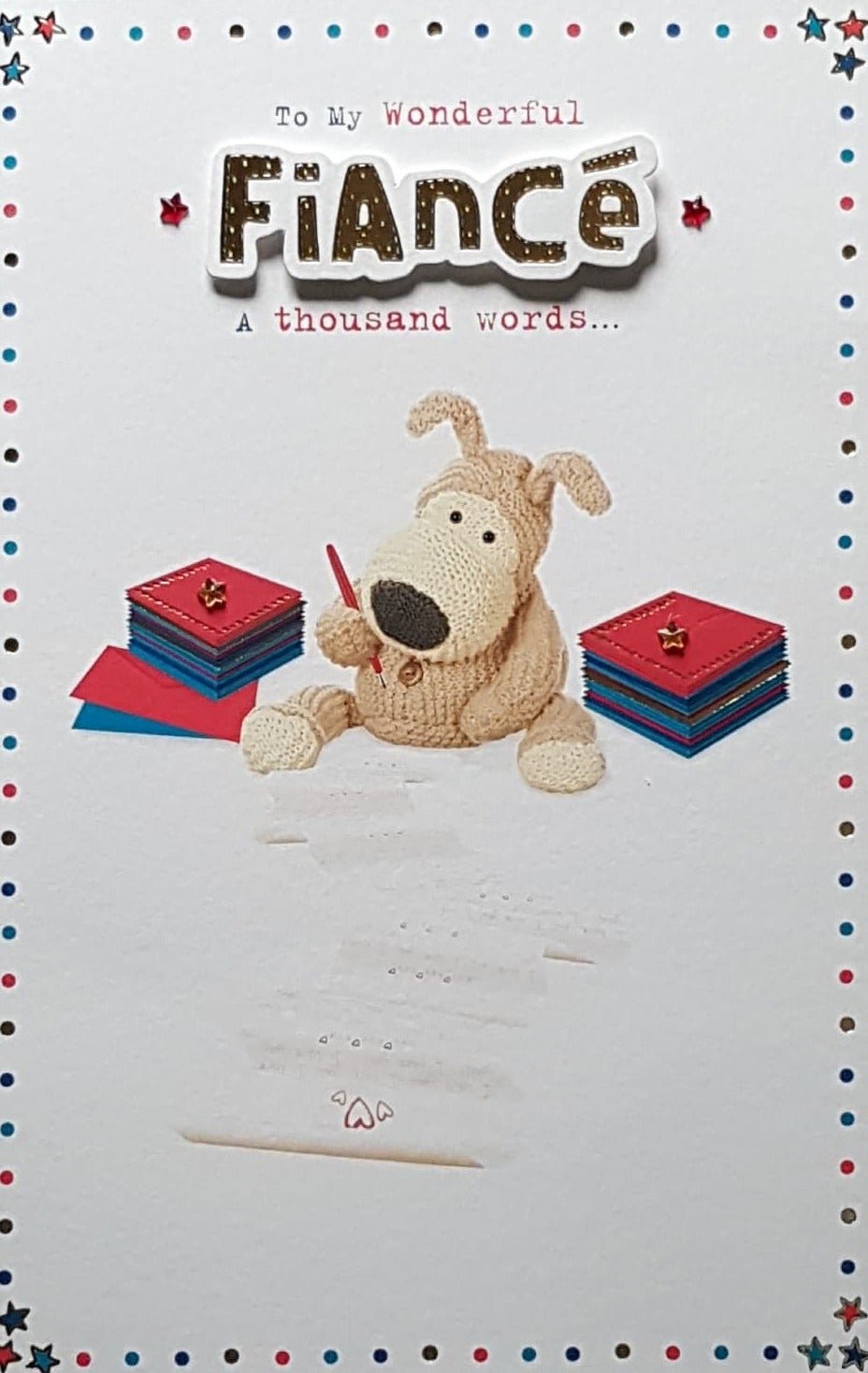 Birthday Card - Fiance / A Cute Dog Writing A Long Letter & Red Stars