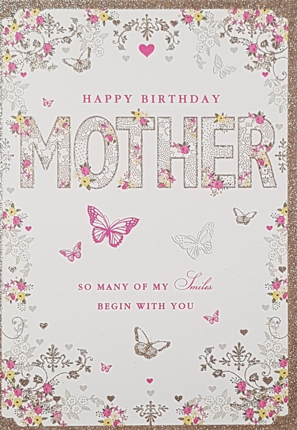Birthday Card - Mother / A Floral And Gold Frame & Butterflies