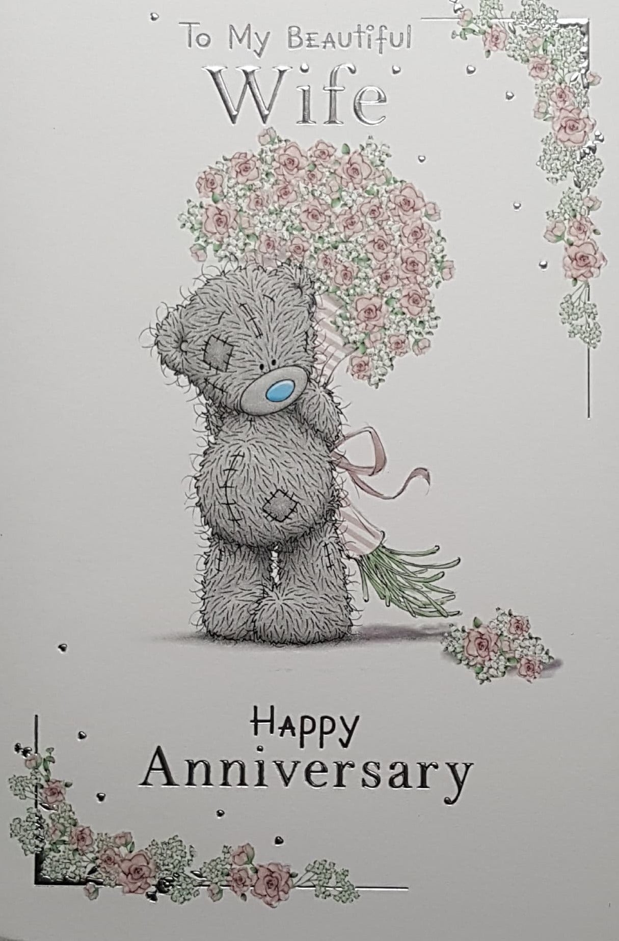 Anniversary Card - Wife / Teddy Holding A Pink Bouquet Behind Back