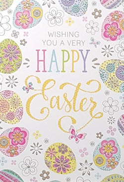 Easter Card - Traditional / Beautiful Floral Eggs On A White Front