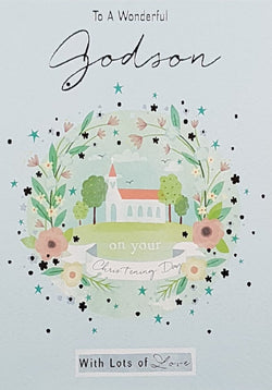 Christening Card - Godson / A Church On A Green Hill & A Floral Border