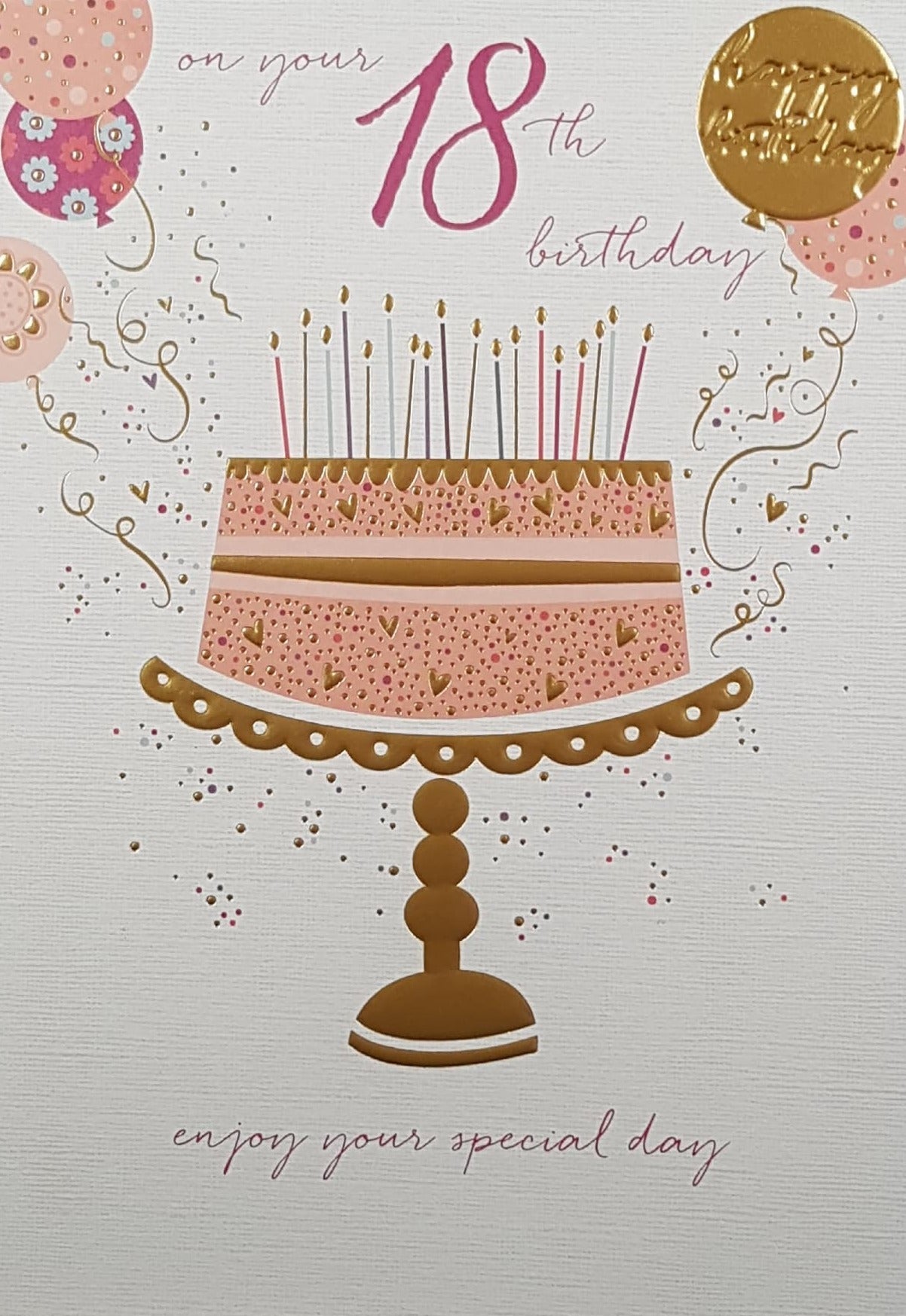 Age 18 Birthday Card - Pink Cake on Shiny Gold Cake Stand