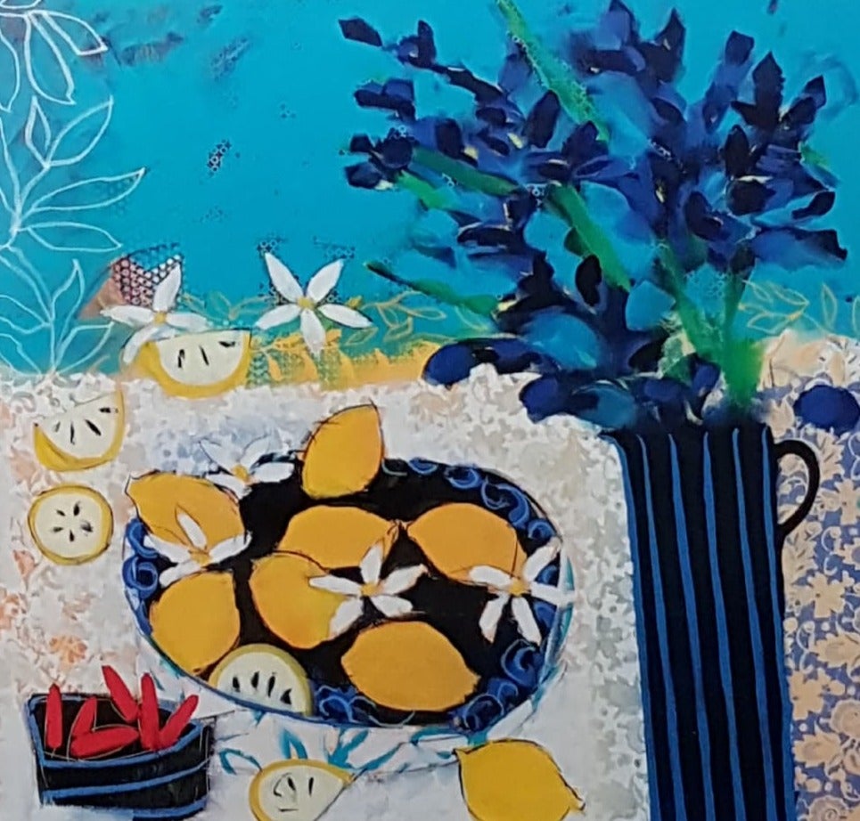 Blank Card - Lemons And White Flowers In A Blue Plate