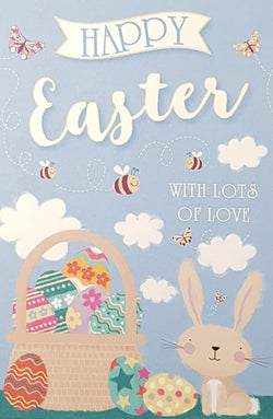 Easter Card - Traditional / Three Happy Bees & A Basket Of Easter Eggs