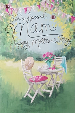 Mam Mothers Day Card - A White Table With Chairs In A Garden