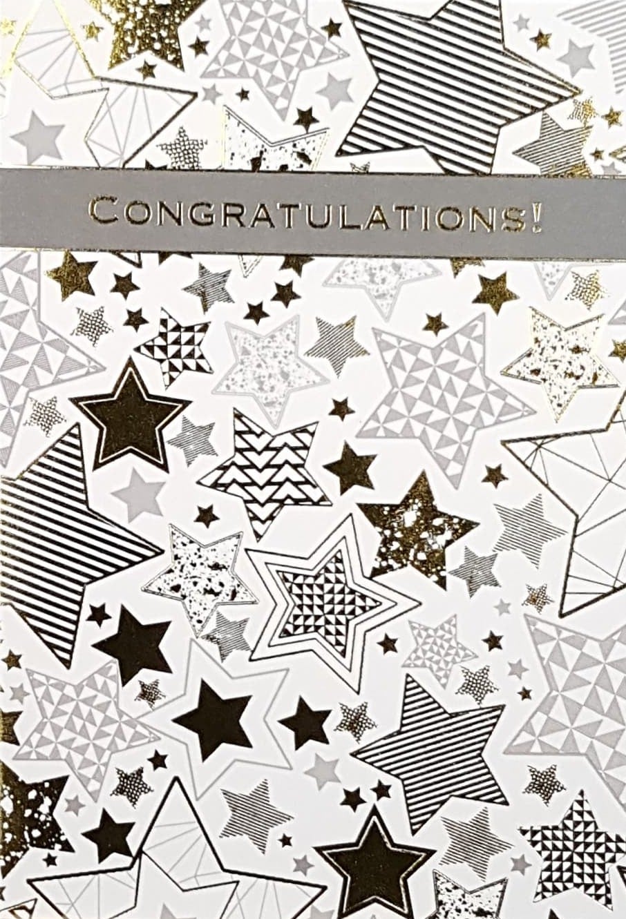 Congratulations Card - Silver & Gold Shiny Stars & A Grey Banner