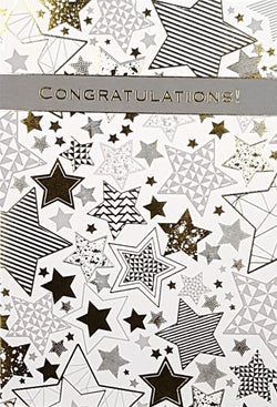 Congratulations Card - Silver & Gold Shiny Stars & A Grey Banner