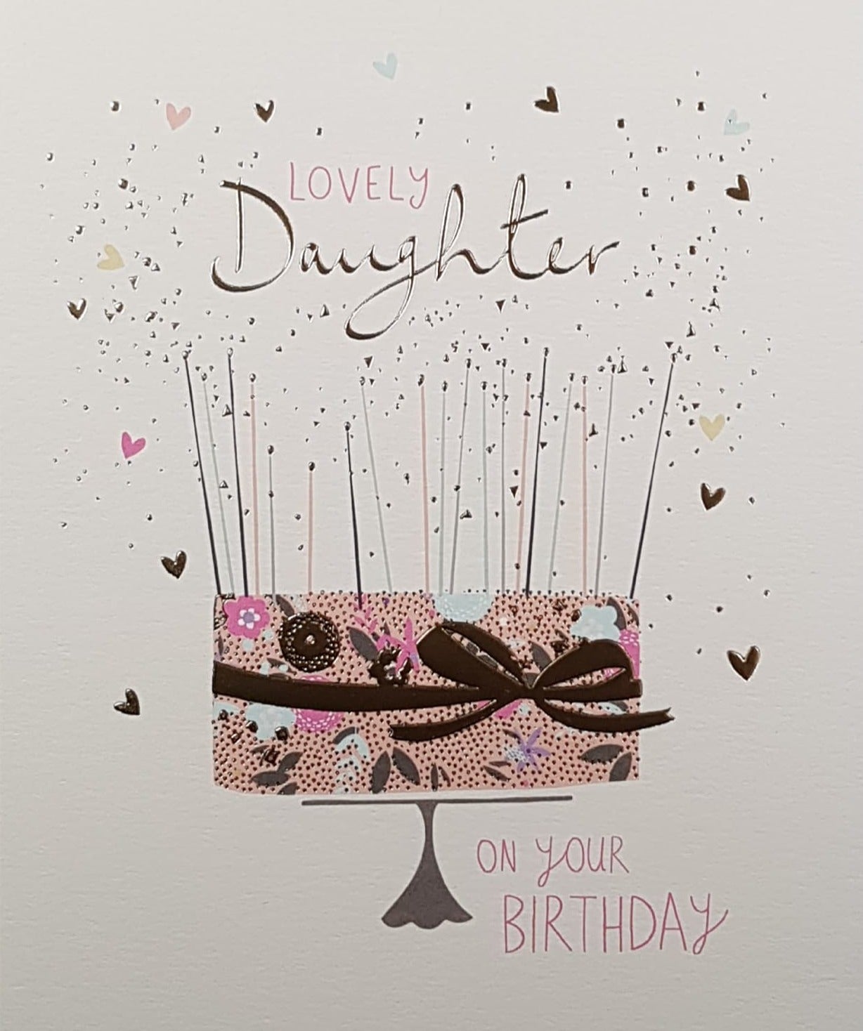 Birthday Card - Daughter / Pink Birthday Cake with Shiny Gold Bow