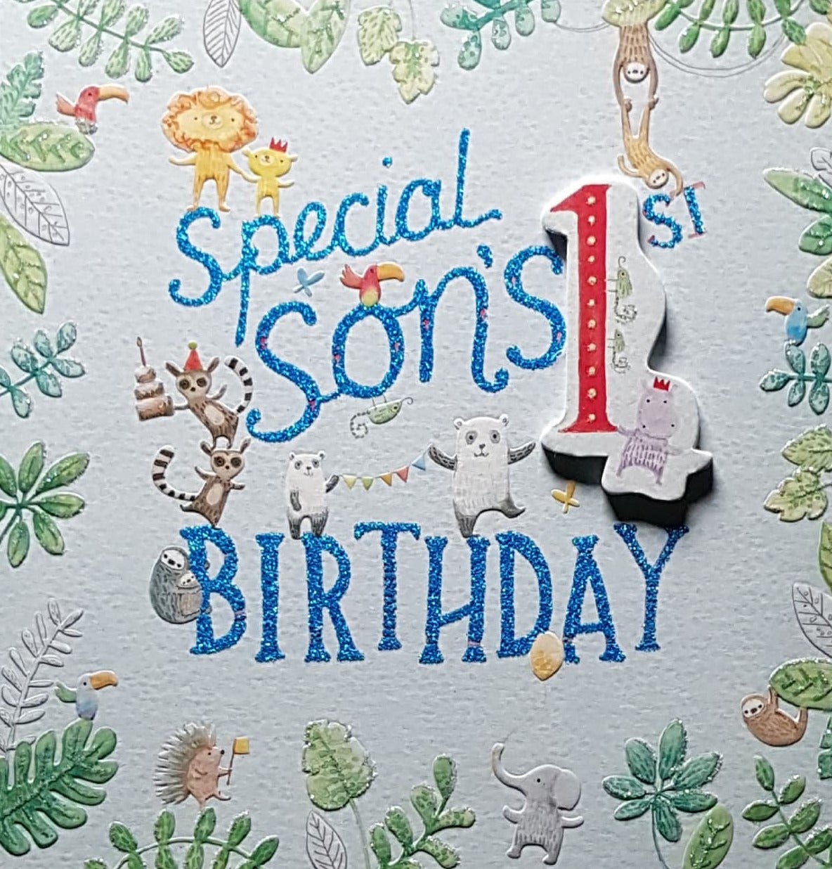 Age 1 Birthday Card - Son / Little Animals Having A Great Fun In A Jungle