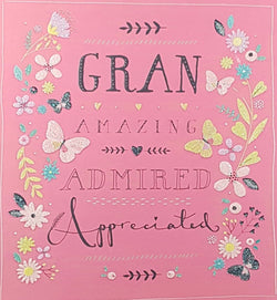 Gran Mothers Day Card - Butterflies & Flowers on Pink Background