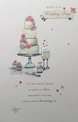 Wedding Card - Wedding Cake With Pink Roses & Champagne
