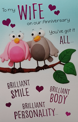 Anniversary Card - Wife / Two Cute Love Birds On A Branch