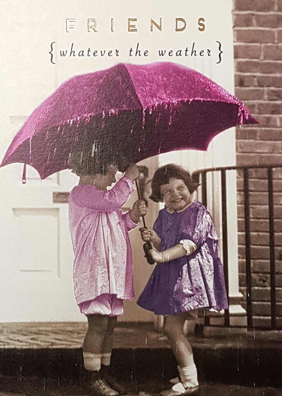 Birthday Card - Friends / Two Girls Under A Pink Umbrella