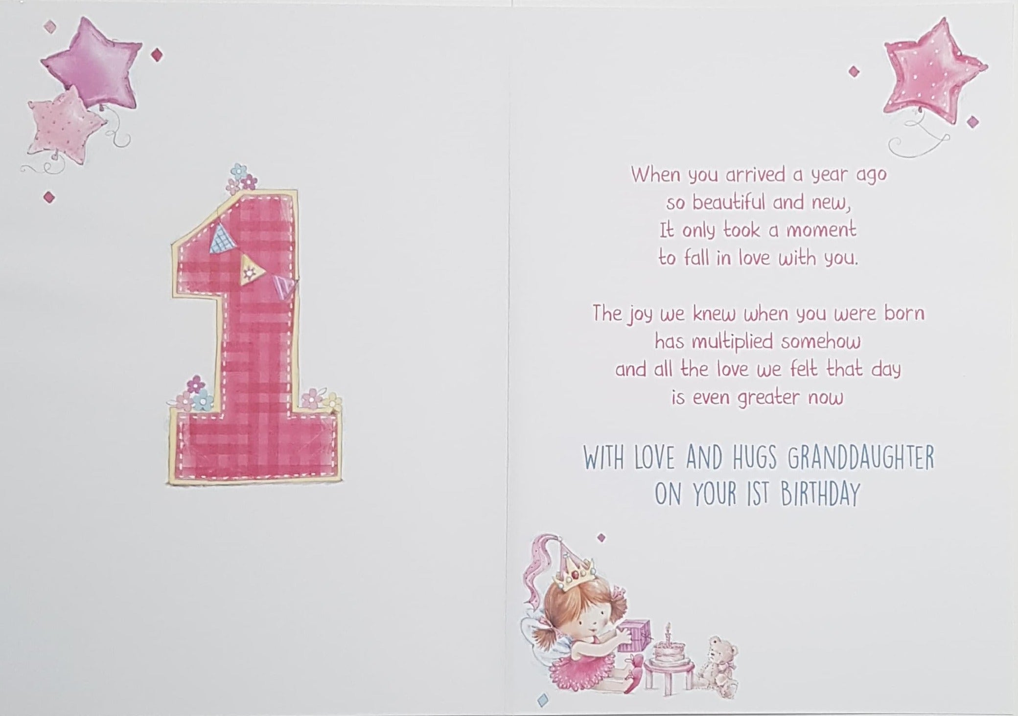 Age 1 Birthday Card - Granddaughter / A Little Girl In A Pink Dress Opening A Purple Gift