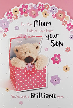 From Your Son Mothers Day Card - Cute Teddy In Pink Box