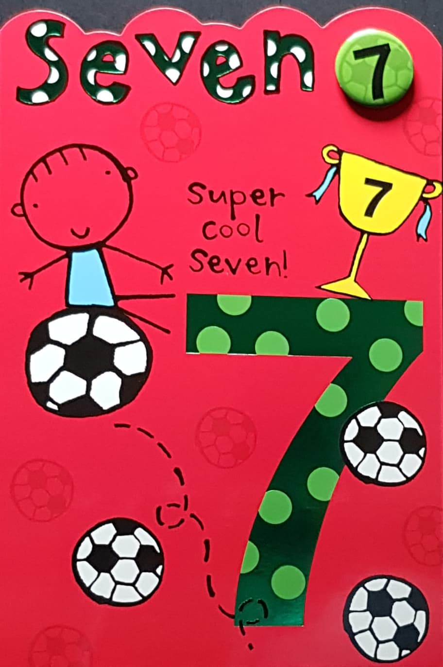 Age 7 Birthday Card - Boy With Footballs And A Trophy