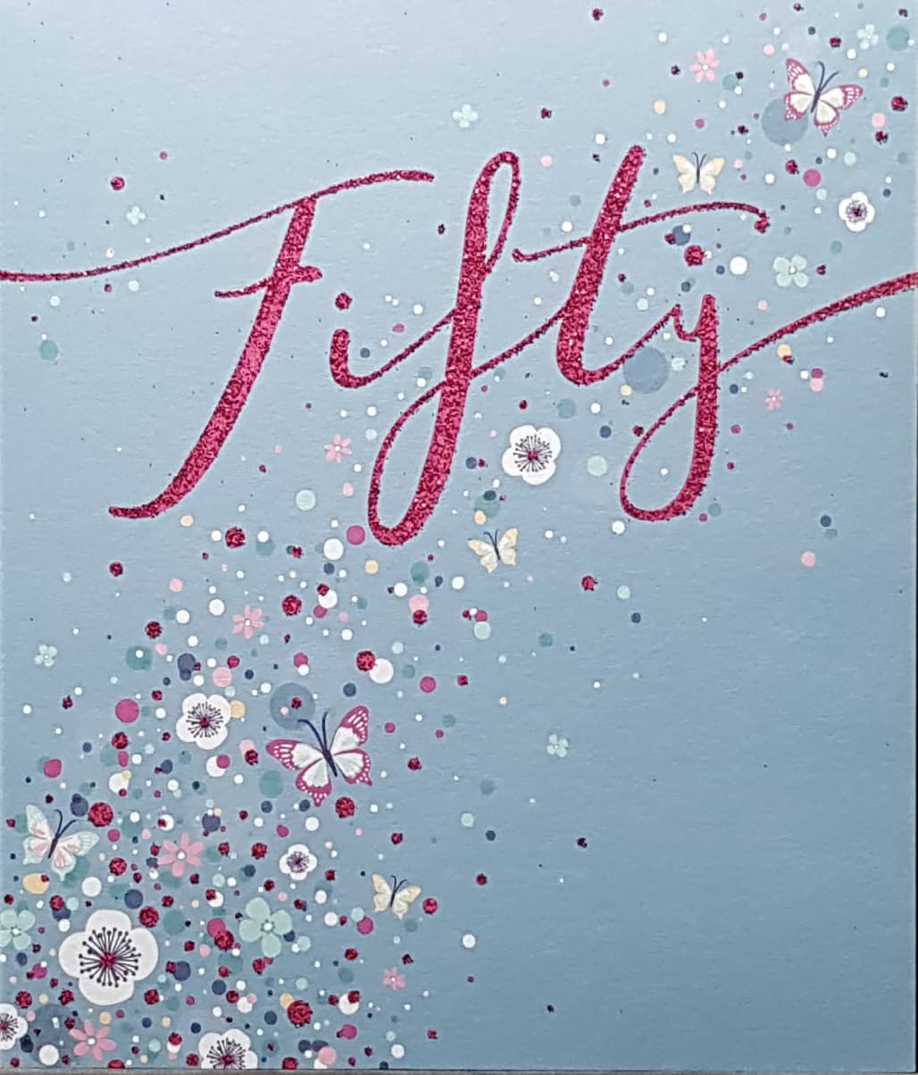 Age 50 Birthday Card - White Flowers & Glitter Pink '50'