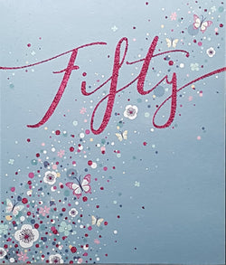 Age 50 Birthday Card - White Flowers & Glitter Pink '50'