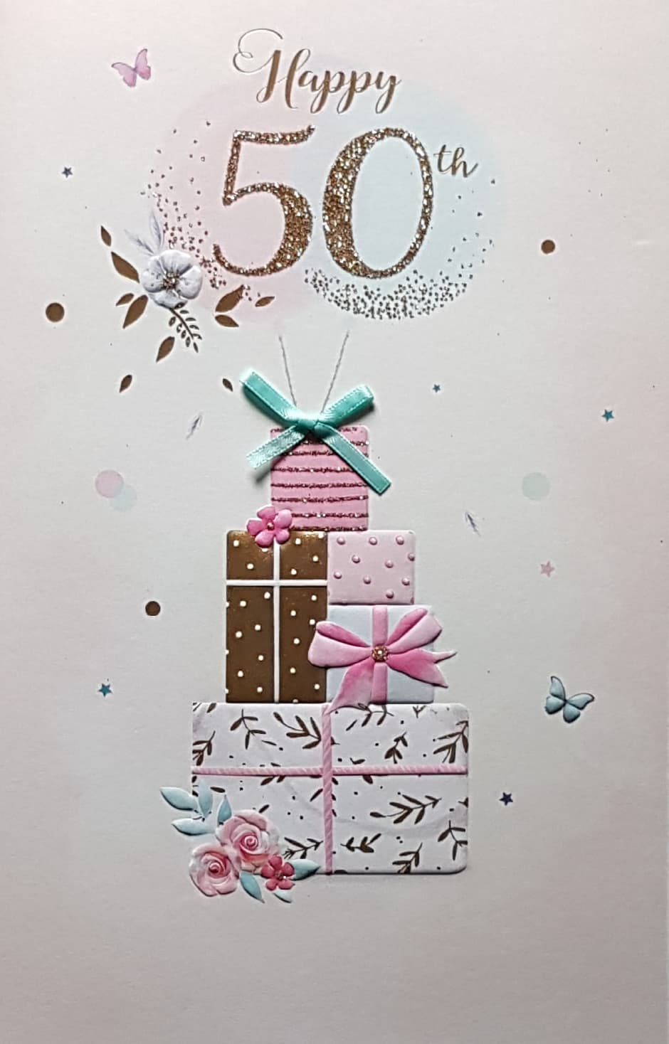 Age 50 Birthday Card - Gift Boxes & Balloons & Sparkly Gold '50'
