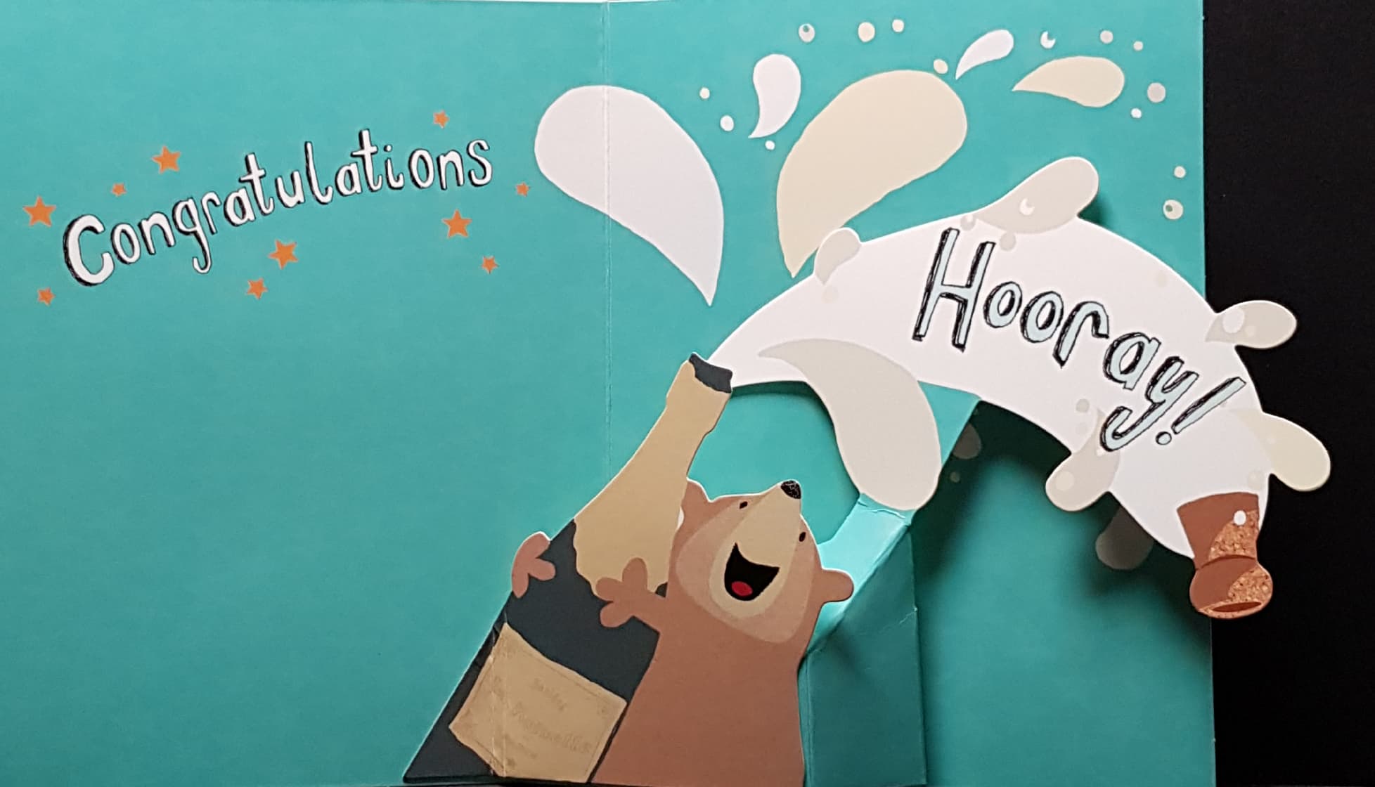 Congratulations Card - A Brown Bear Celebrating & Orange Stars