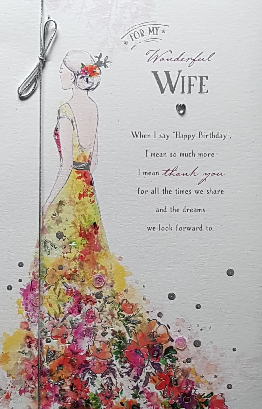 Birthday Card - Wife / An Elegant Lady In A Pretty Long Dress & A Silver Ribbon