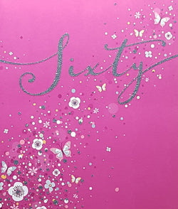 Age 60 Birthday Card - Beautiful White Flowers And Butterflies On A Pink Front