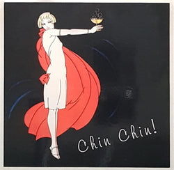Blank Card - A Lady In A Red Long Cape & 'Chin Chin !'