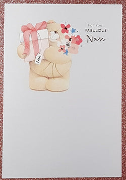Nan Mothers Day Card - Teddy Holding Gift Box & Flowers