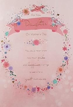 Daughter Mothers Day Card - Pink Banner & Ring of Flowers