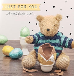 Easter Card - Just For You / A Fluffy Teddy Bear Eating Chocolate Egg
