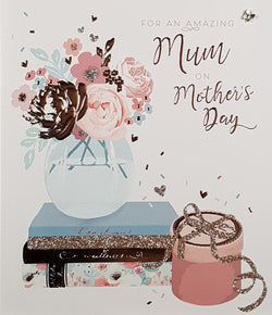 Mum Mothers Day Card - Pink Flowers in Vase & Gifts
