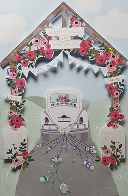 Wedding Card - A White Retro Car Driving Off Through Arch