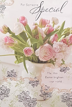 Easter Card - Someone Special / A Vase Of Pink Roses