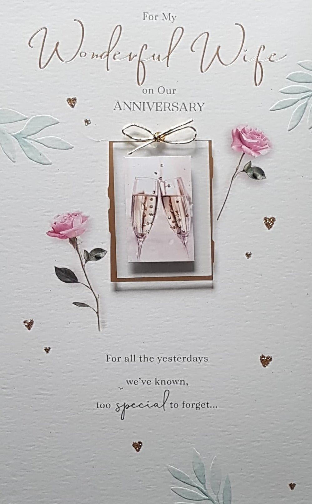 Anniversary Card - Wife / Beautiful Pink Roses & Glitter Gold Hearts