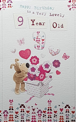 Age 9 Birthday Card - Dog Teddy Opening Box Of Hearts & Flowers