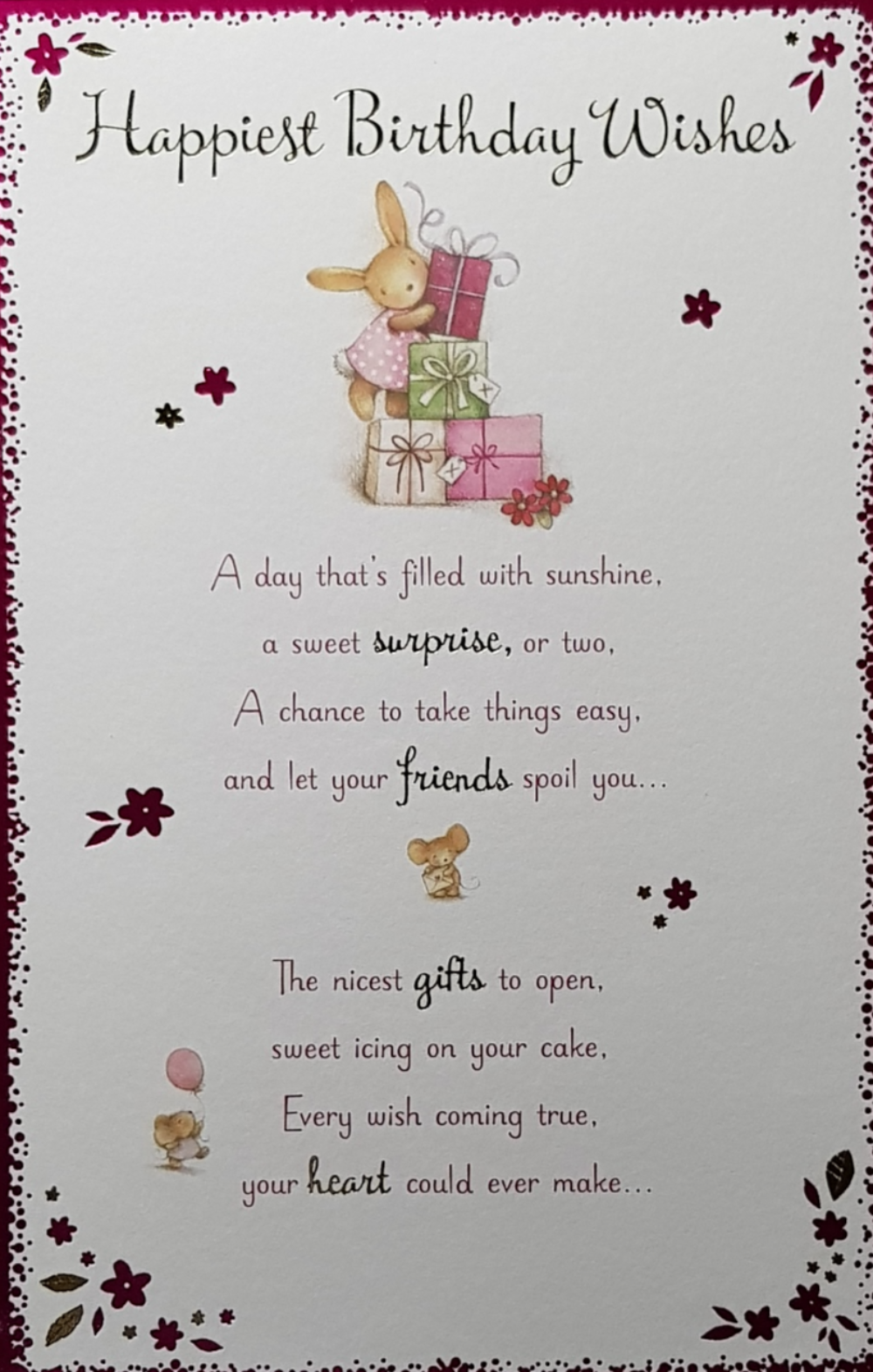 Birthday Card - General Female / A Bunny In Pink Dress & Four Gift Boxes