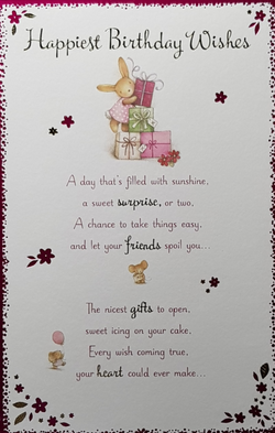 Birthday Card - General Female / A Bunny In Pink Dress & Four Gift Boxes