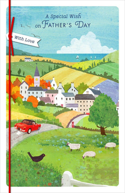 Fathers Day Card - A Special Wish & A Red Car Driving To A Village