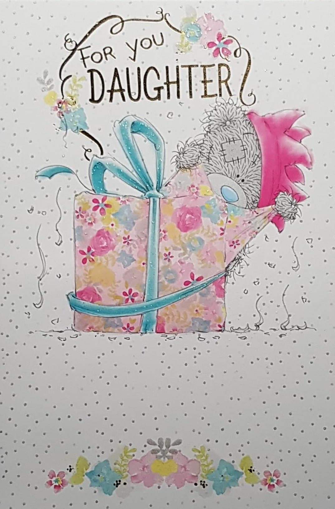 Birthday Card - Daughter / Teddy Unwrapping A Gift Box With A Blue Bow