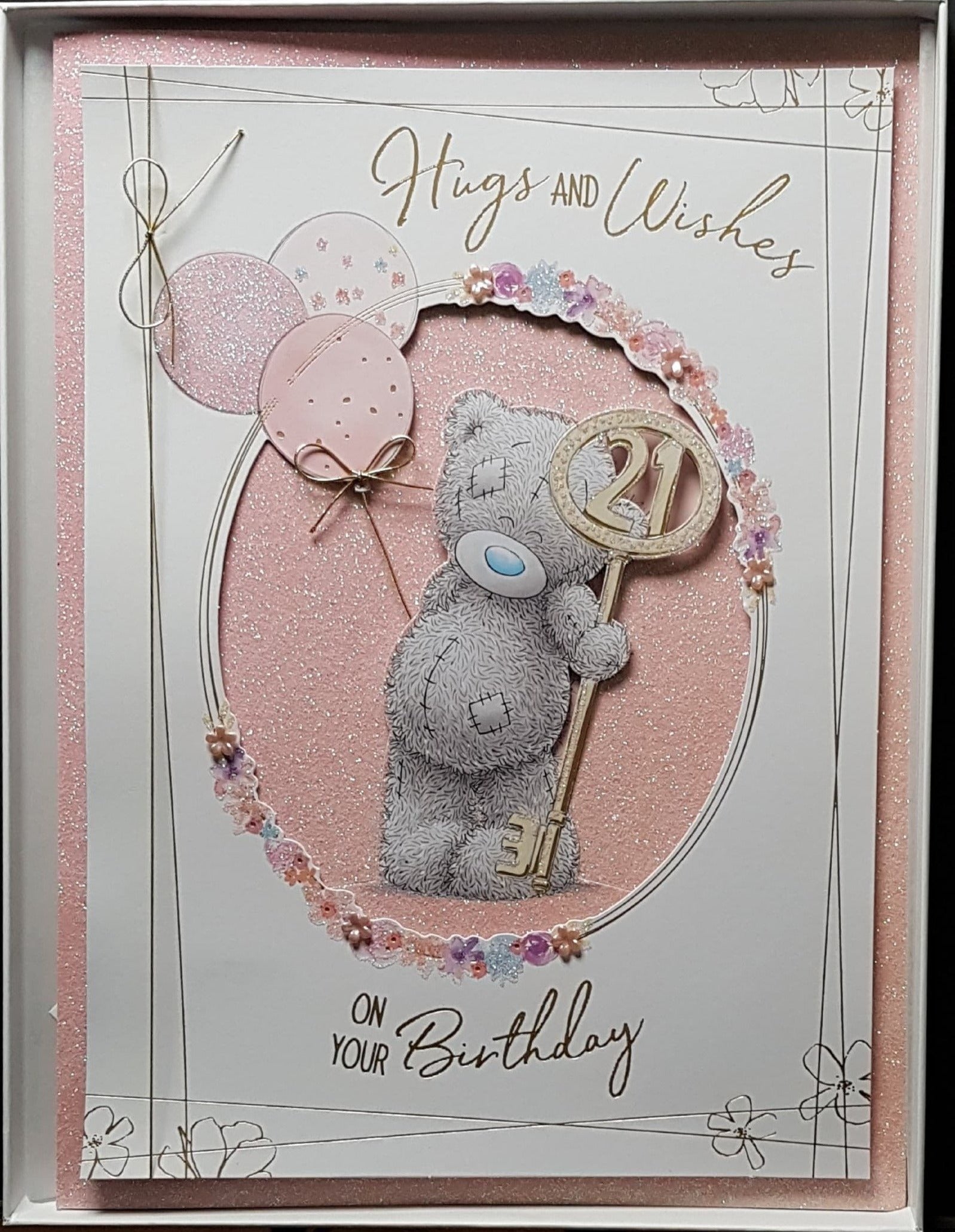 Age 21 Birthday Card - 'Hugs An Wishes...'& A Gold Key (A Card In A Box)