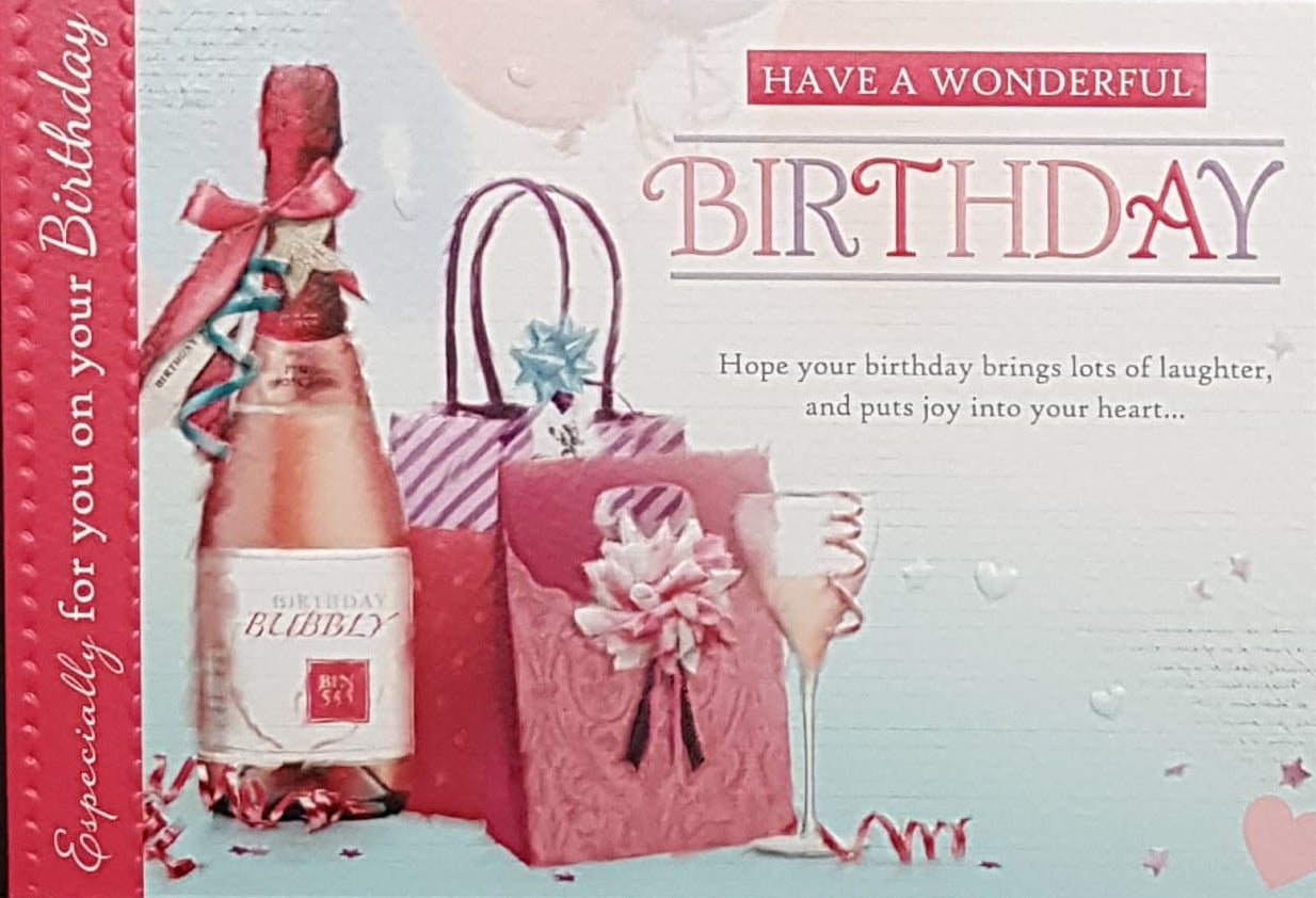 Birthday Card - A Pink Gift Bag & A Pink Bottle & A Glass Of Bubbly