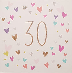 Age 30 Birthday Card - Sparkly Gold No. 30 & Different Coloured Hearts