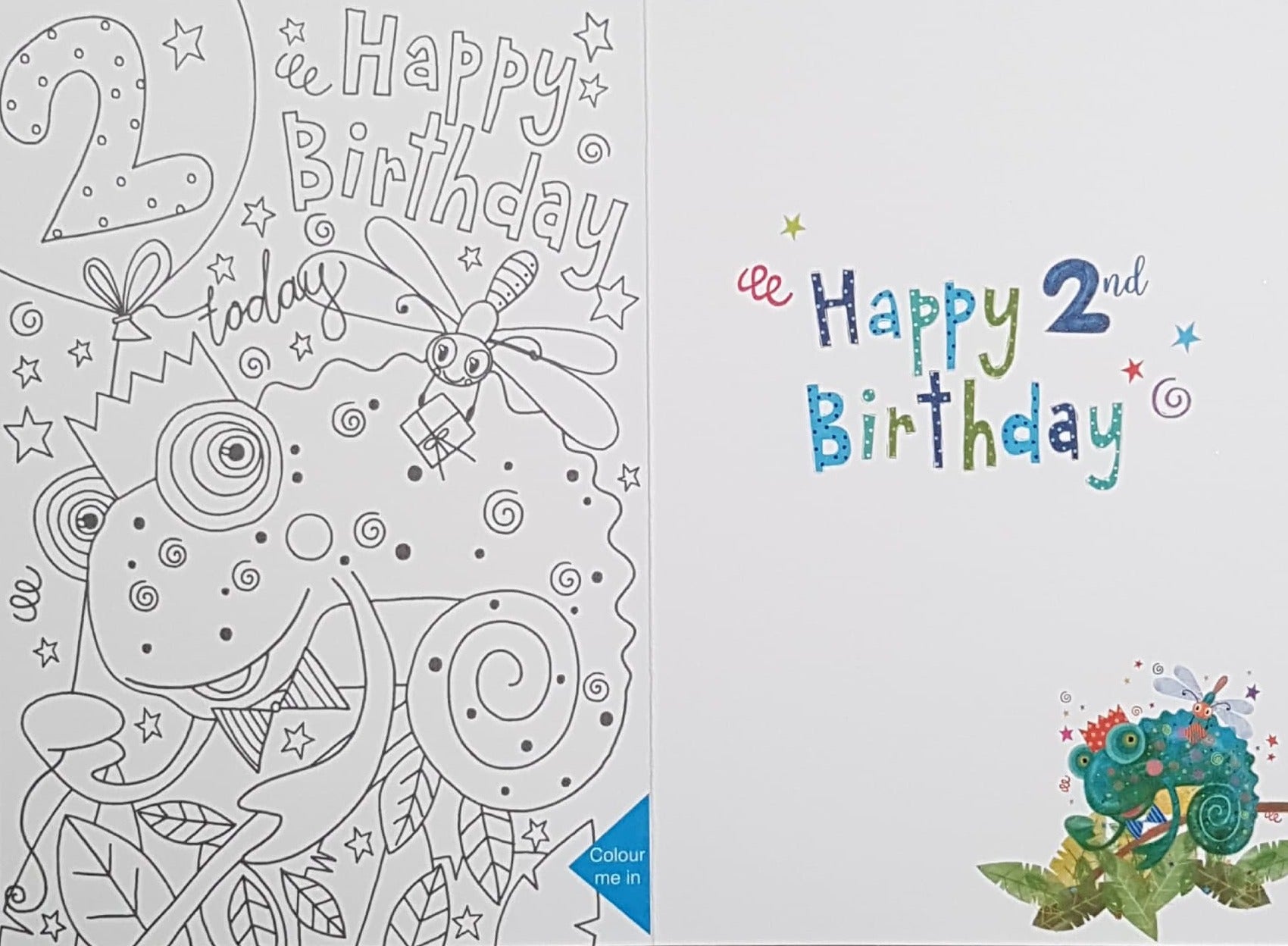 Age 2 Birthday Card - S Cool Chameleon Wearing S Party Hat With Dragonfly