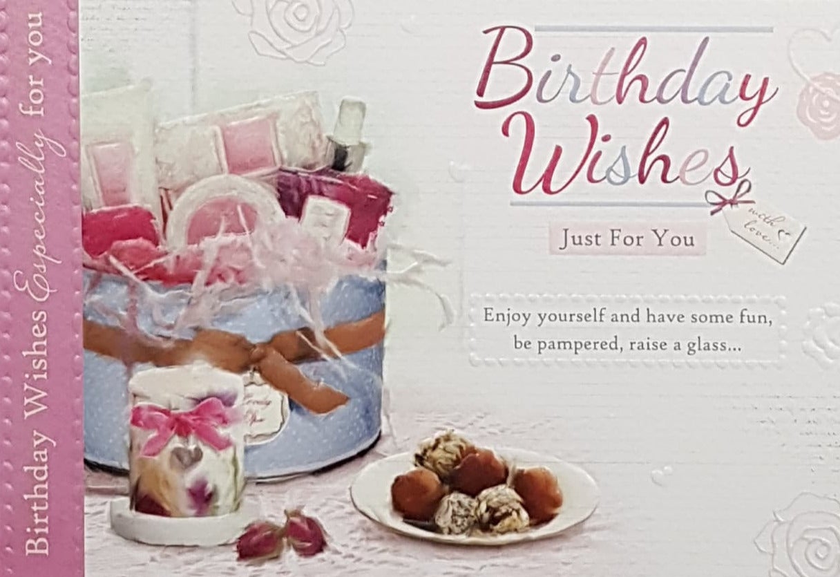 Birthday Card - A Chocolate Dessert On A Plate Beside A Candle & Gifts