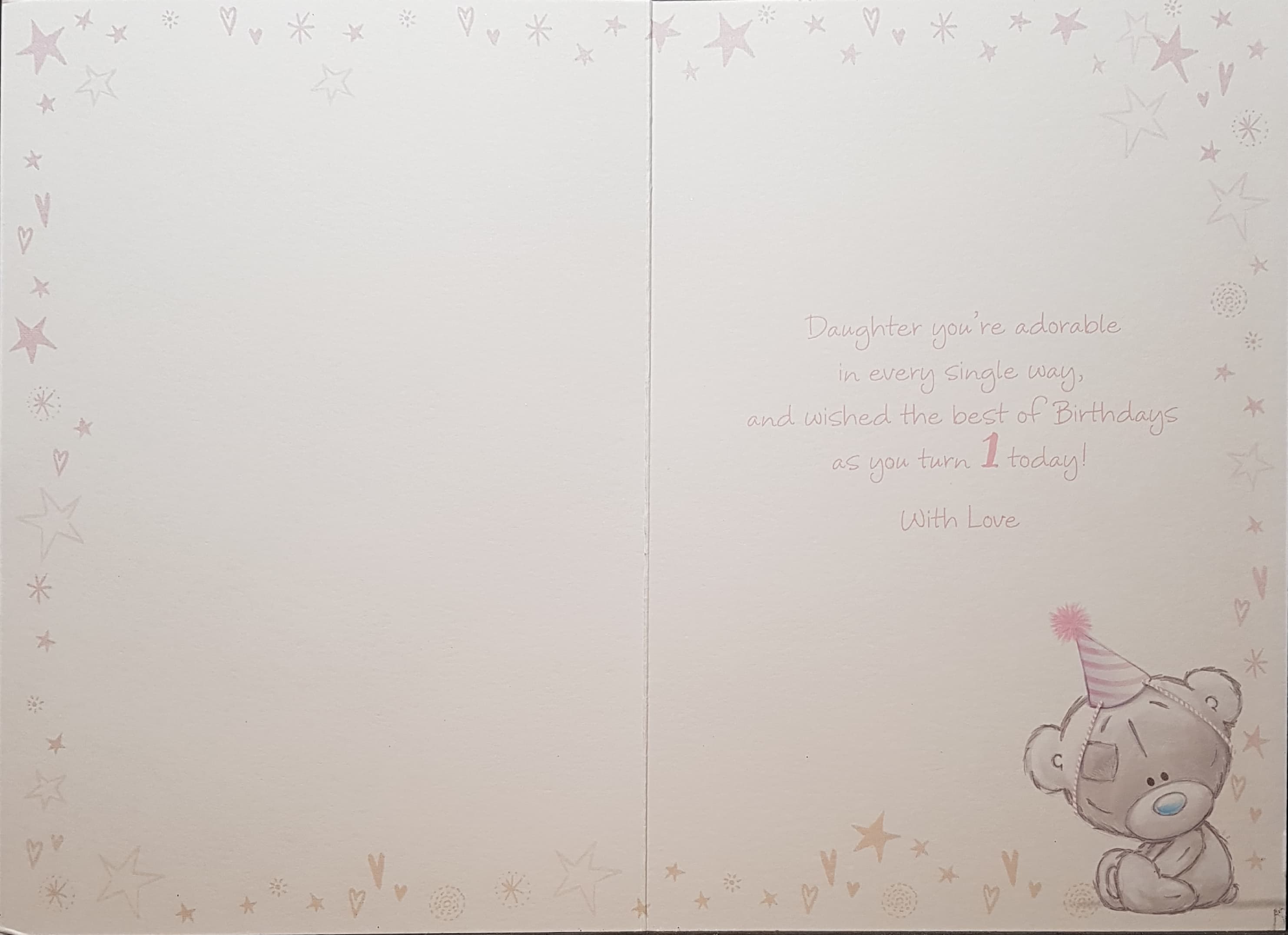 Age 1 Birthday Card - Daughter / Teddy Wearing A Pink Hat Sleeping On The Moon & Pink Stars