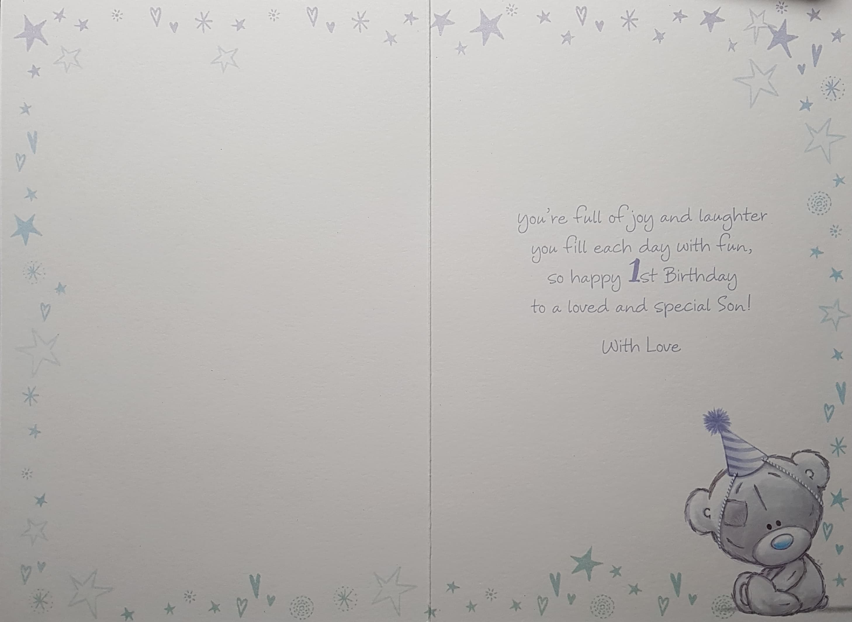 Age 1 Birthday Card - Son / Teddy Wearing A Blue Hat Sleeping On The Moon & Blue Stars